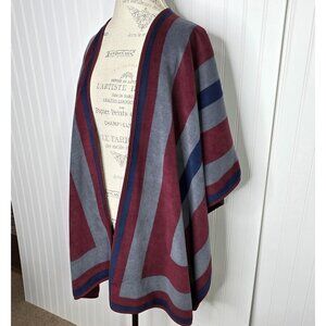 Woolrich Poncho Cape Wrap Women One Size Burgundy Gray Reversible Striped Fleece